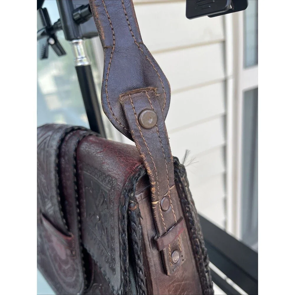Vintage Mexican Aztec Mayan Tooled Brown Leather Handbag Purse Boho Hippie Vibe